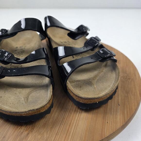 Birki's Sandals Womens Size 8 Black Patent Triple Strap Cork Footbed Shoes - Picture 7 of 13